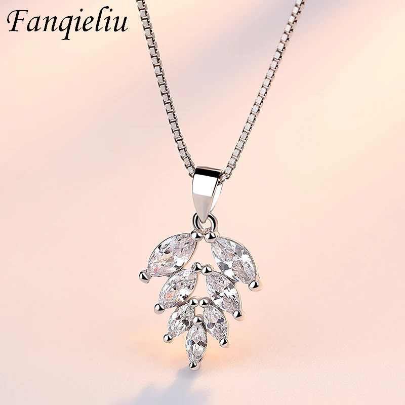 

Fanqieliu Shinning Crystal Luxury Jewelry Olive Leaf Vintage Real 925 Chain Sterling Silver Pendant Necklace For Women FQL21141