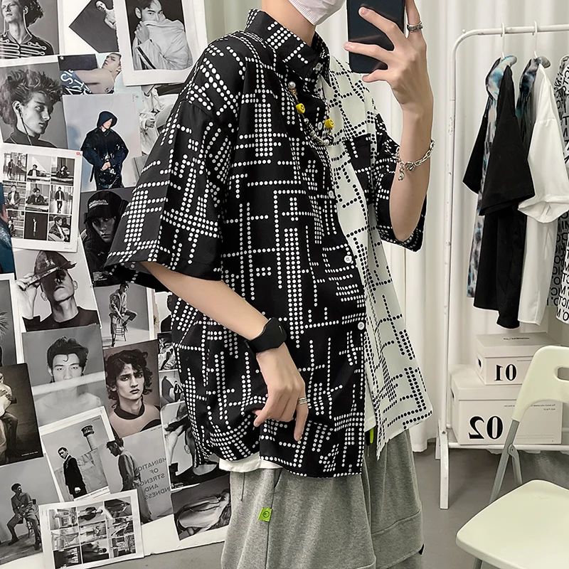 

Men Printed Shirt Lapel 2021 Short Sleeve Streetwear Casual Hawaiian Shirts Button Summer Stitching shirt high quality