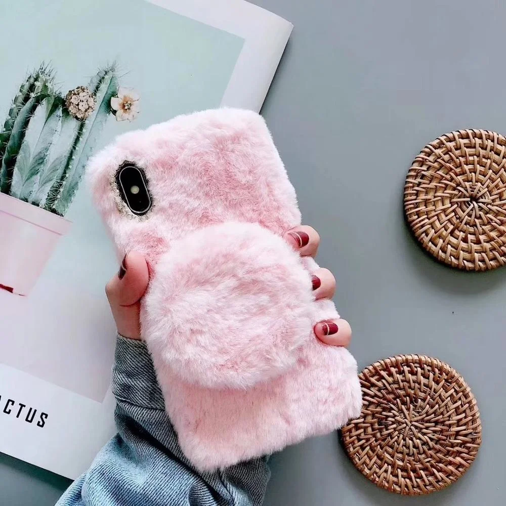 

Cute Fluffy Fur Mirror Phone Case For IPhone 11 Pro Max Girls Shockproof Bumper Kickstand Cover