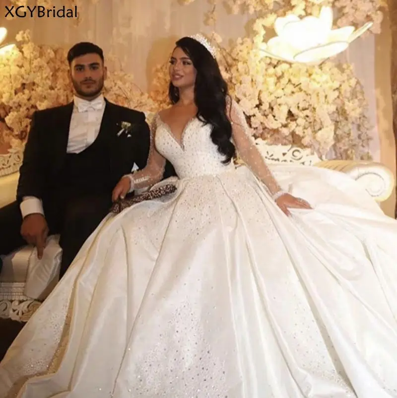 

New Luxury V Neck Wedding Dresses 2022 Beaded Bling Sheer Long Sleeve Satin Floor Length Puffy Bridal Gowns Mairee Handmade