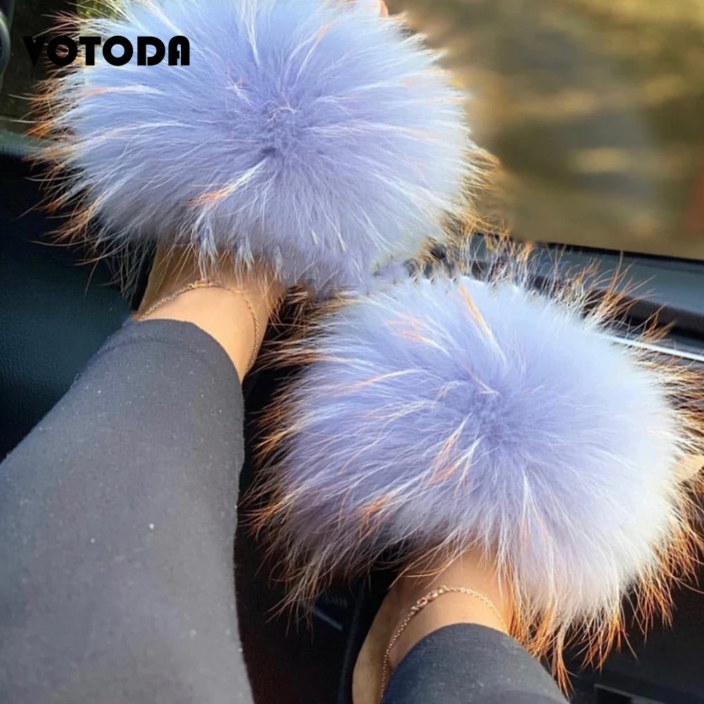 New Fur Slippers Women Fluffy Real Fox Fur Slides Fuzzy Raccoon Hair Flip Flops Comfortable Indoor Sandals Summer Woman Fur Shoe