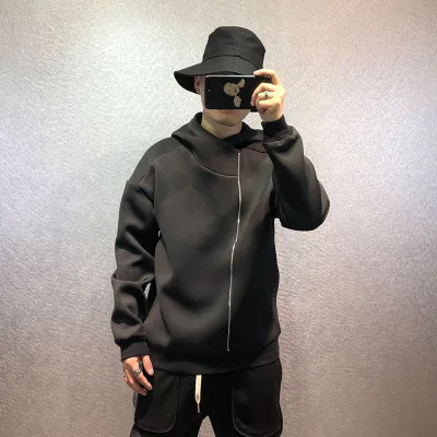 Autumn original dark wind personality Zipper splice hoodie male fashion brand loose pure color space cotton coat man