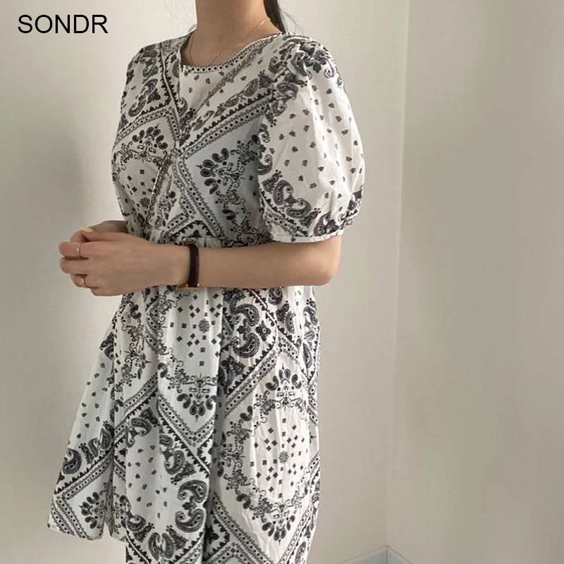 

Fashionable Retro Pattern Dress Elegant Summer Dress Korean Chic O-Neck Cotton Linen One Piece Dress Ladies Dresses Midi Dresses