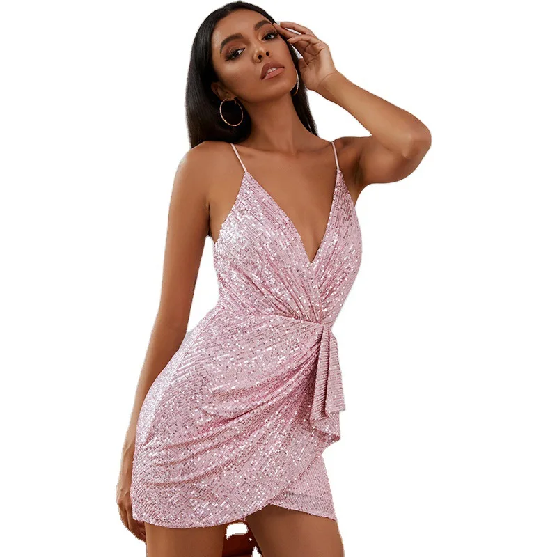 

Sling V-neck Halter Evening Dress Sequined Pink Bodycon Sexy Irregular Dress Ruched Shiny Nightclub Sleeveless Party Dresses