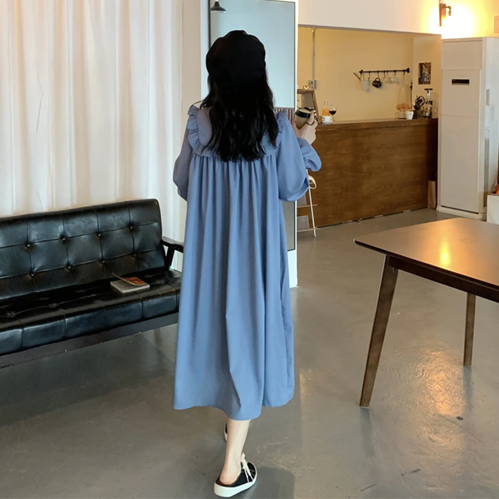

2021 Japan Style Women's Dress Korean Fashion Loose Casual Design Simple Thin Solid Color Lotus Leaf Collar Long Sleeve