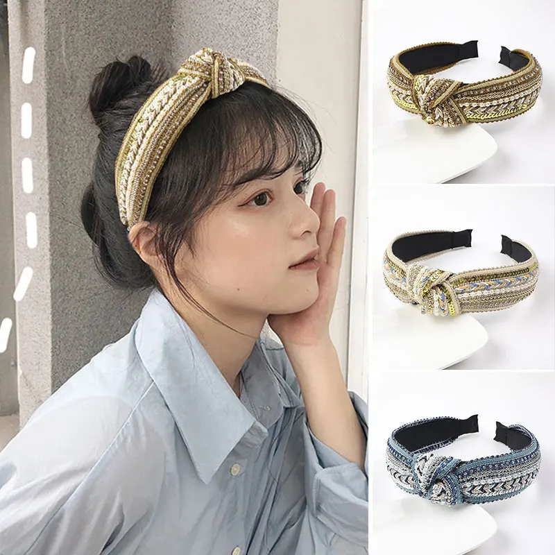 

1PC Crystal Wide Headband Vintage Women's Twist Knotted Hairbands Elegant Pearl Hair Hoop Cross Knot Hairband Hair accessories