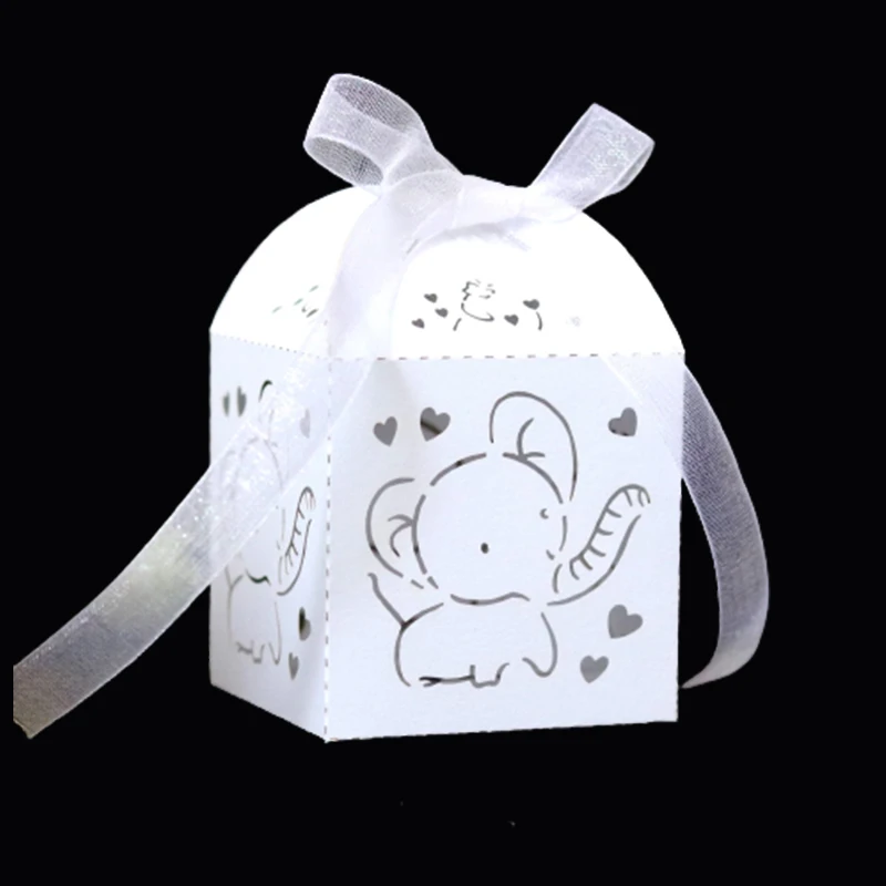 

100Pcs Elephant Laser Cut Wedding Favors Gift Box Hollow Candy Boxe With Ribbon Baby Shower Engagement Wedding Party Decoration
