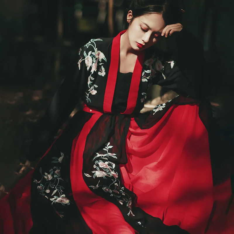 Традиционный китайский костюм красного и черного искусства ханьфу Женская юбка