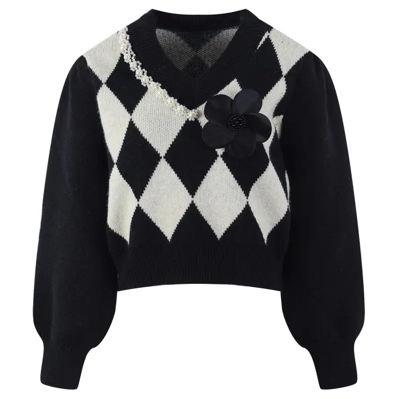 Короткий женский пуловер в стиле ретро с пышными рукавами ромбовидный жемчужный