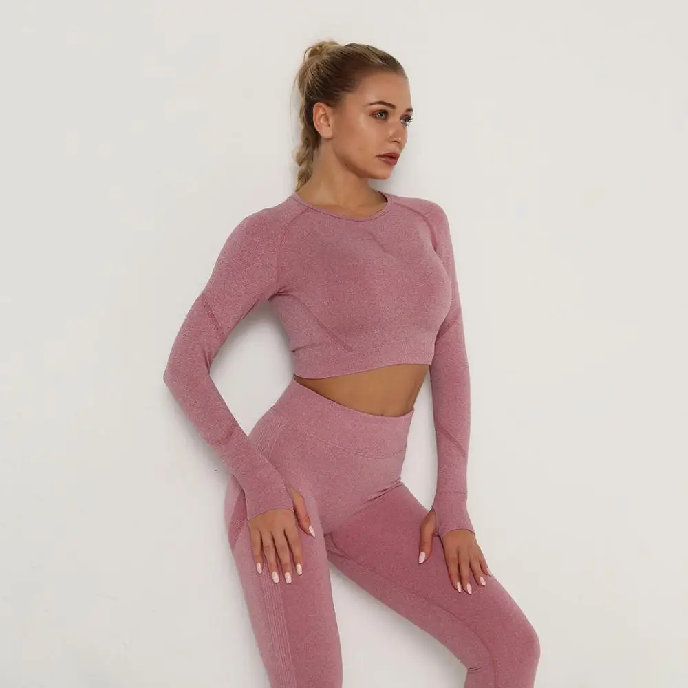 

Seamless Yoga Set Women Workout Sportswear Long Sleeve Crop Top High Waist Gym Clothing Fitness Leggings+Sport Bra Sports Suits