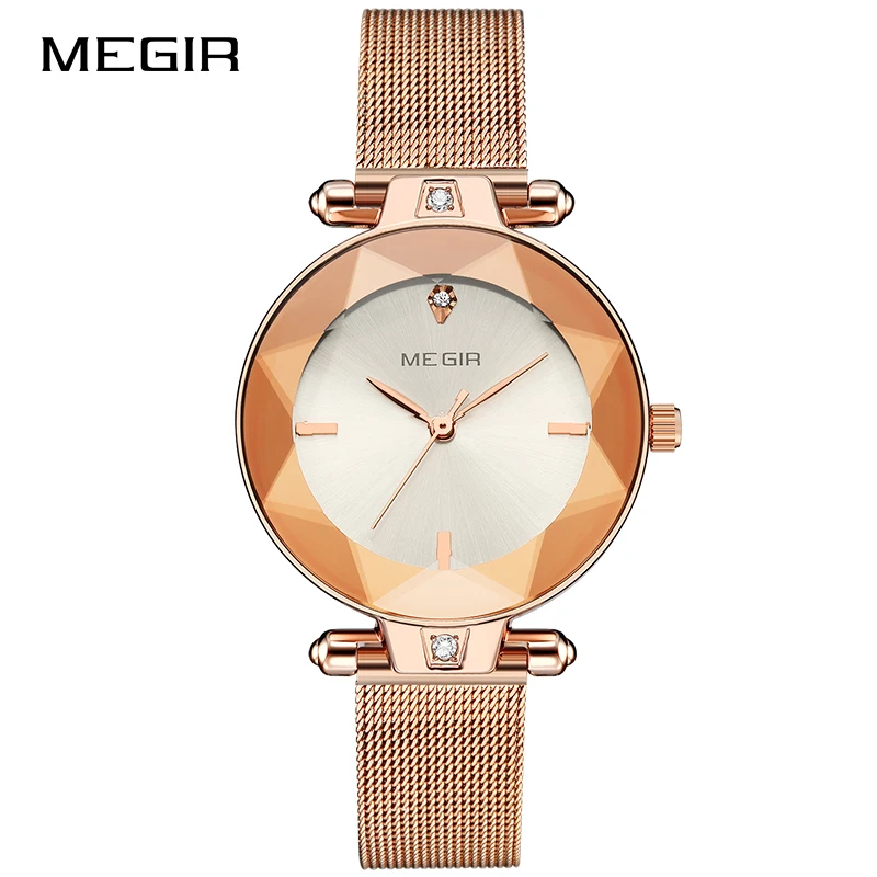 RoseGold MEGIR Женские Простые аналоговые кварцевые часы полный стальной сетчатый Браслет наручные часы новые часы женские Лидирующий бренд Relogios Masculino - Цвет: RoseGold