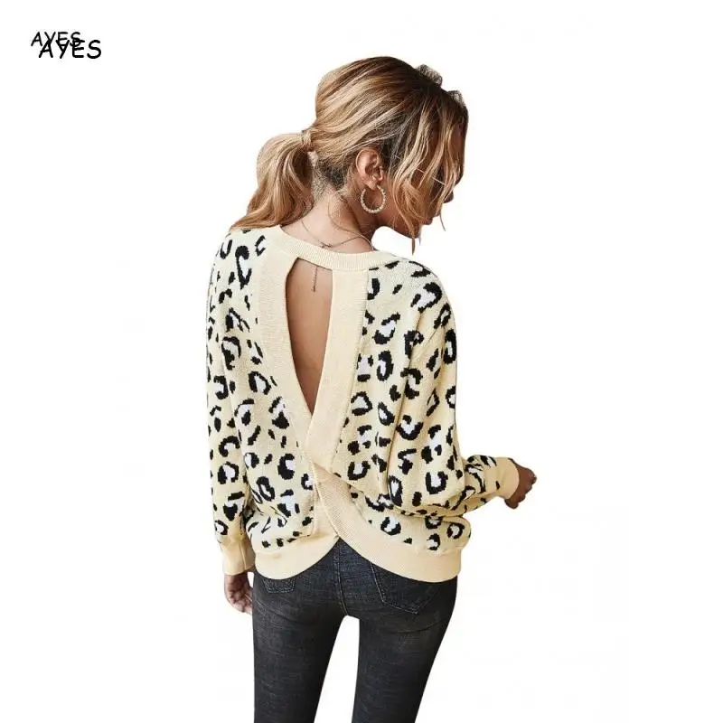 

Leopard Knitted Sweater Hot Sexy Backless Sweaters For Women Autumn Winter Long Sleeve High Quality Pullovers Knitwear Fall 2020