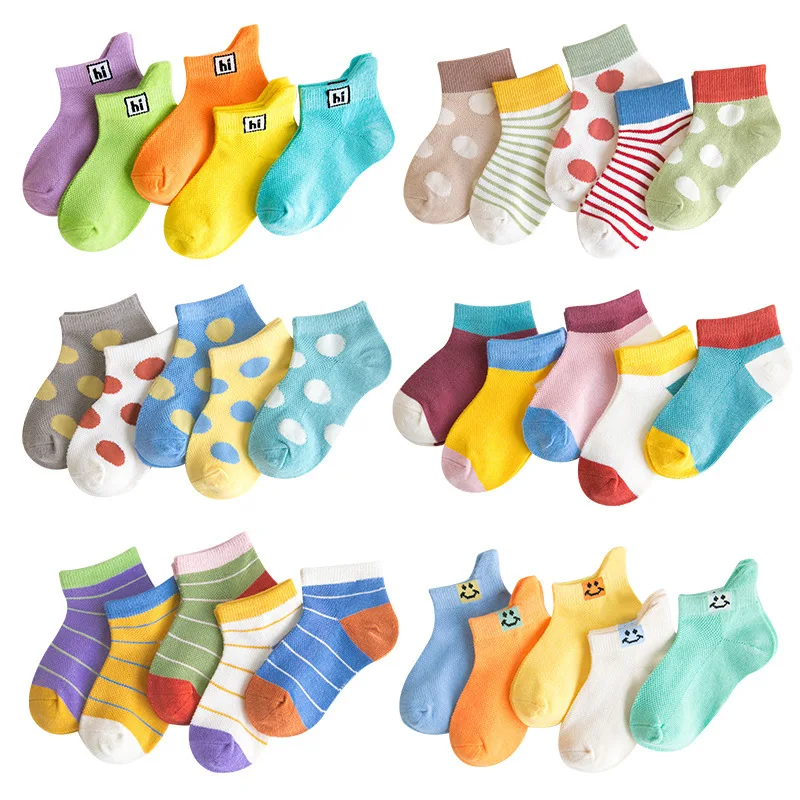 5Pairs/lot Smile Dot Multicolor Mesh Thin Cotton Summer Spring Newborn Boy Kids Socks Baby Girls | Детская одежда и обувь