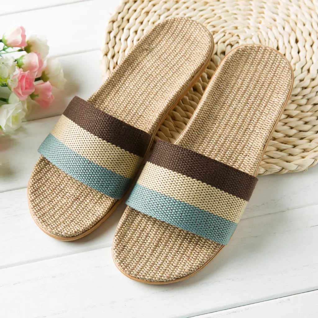 

Home Indoor Open Toe Flat Beach Shoes Slippers Female Summer Sandals Drop Ship Linen Slippers Women Fashion Anti-slip Flip Flop
