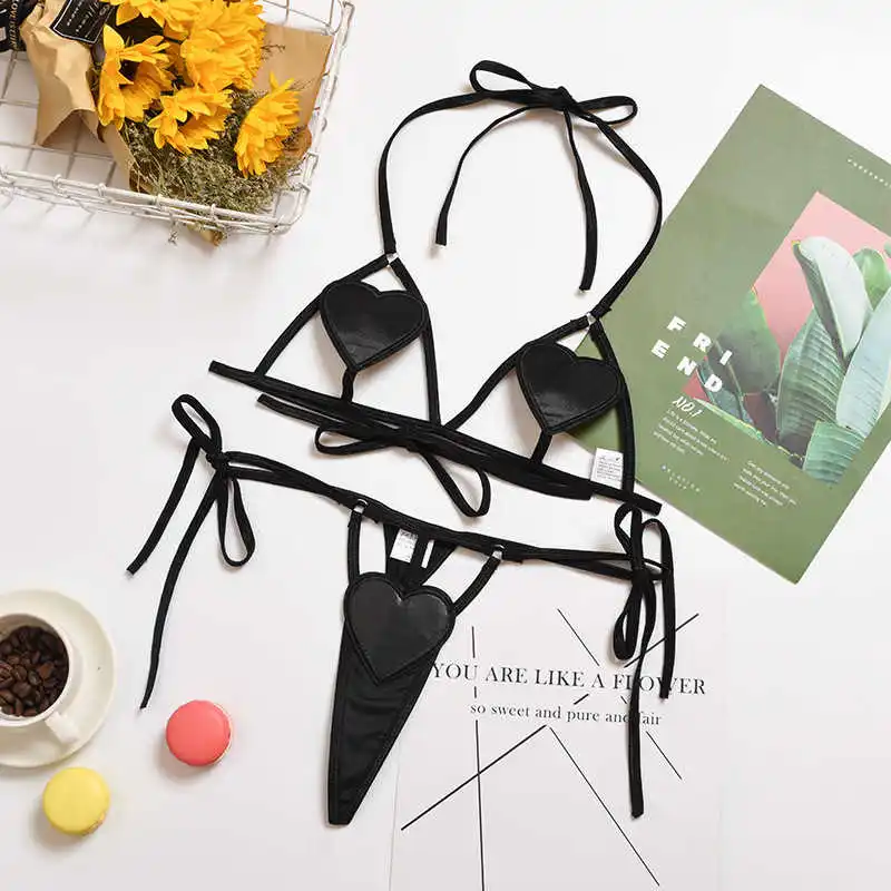 

Women Set 2 Piece Heart-shaped Beha And Panty Set Holder Bandage Underwear Hollow See Through Bralette Lingerie Set Black