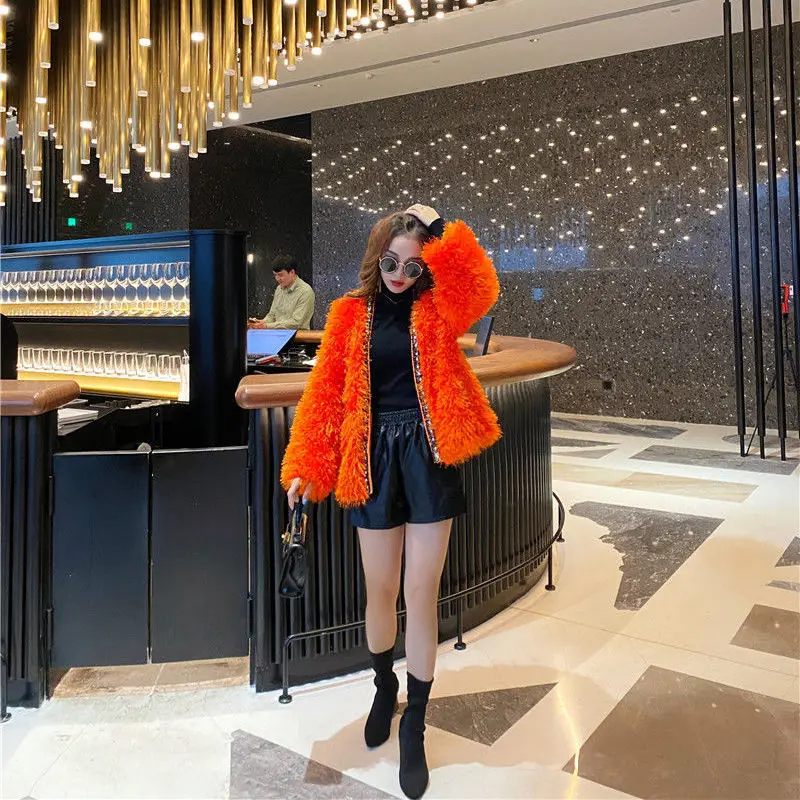 

New cardigan lamb wool top nail beads small temperament solid color