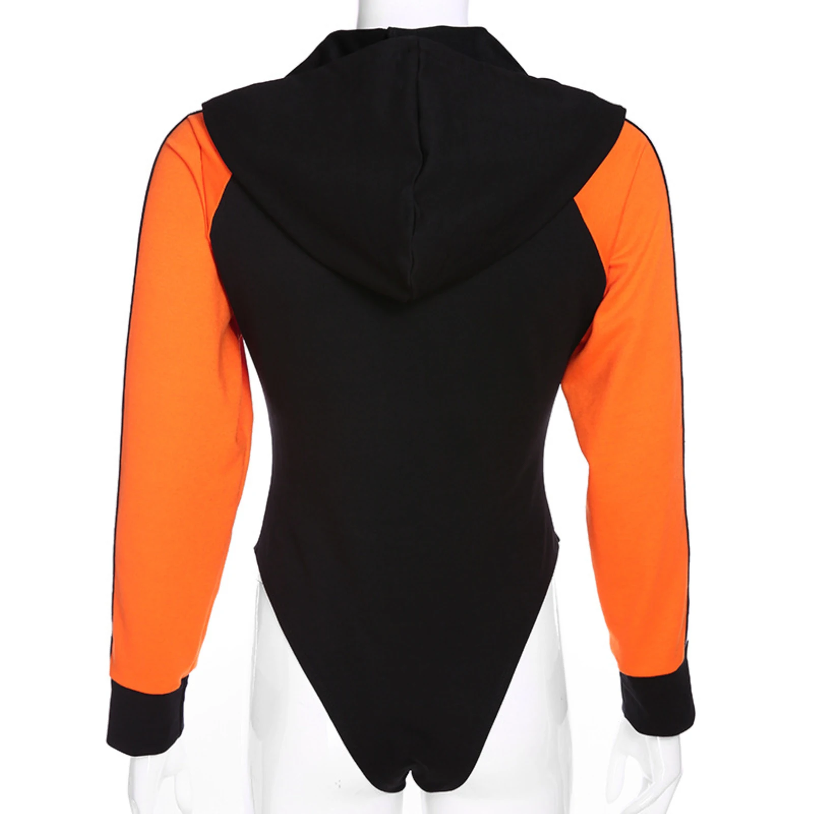 

Women Color Block Letter Print Zipper Bodycon Hooded Jumpsuit Bodysuit Romper