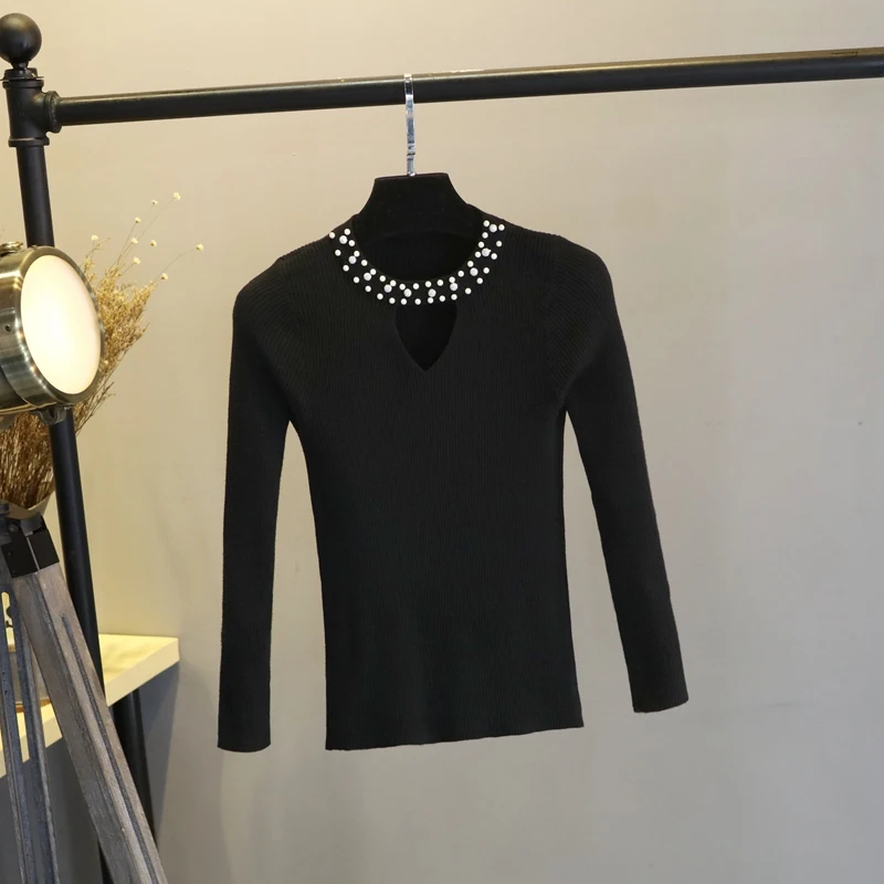 2019 жемчуг v-образным вырезом желтый женский свитер весенний тонкий пуловер