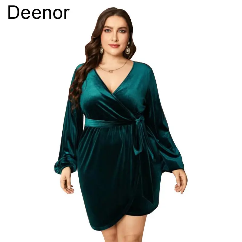 Deenor Plus Size Dress Sexy Midi Dresses Temperament V-neck Large Swing Bandage Dress Velvet Sexy Evening Dress