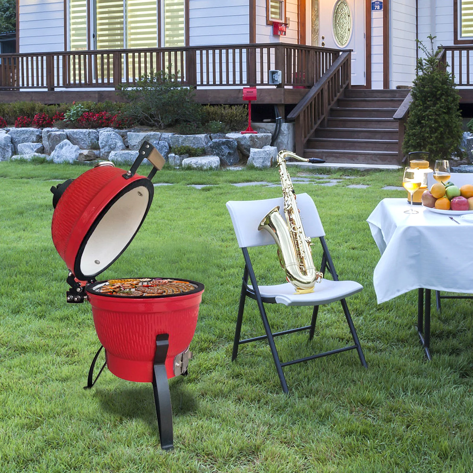 

13in Red Charcoal Grills Round Ceramic Portable Outdoor BBQ Patio Camping Picnic Barbecue Stove Kitchen Stuff Party Cooking Tool