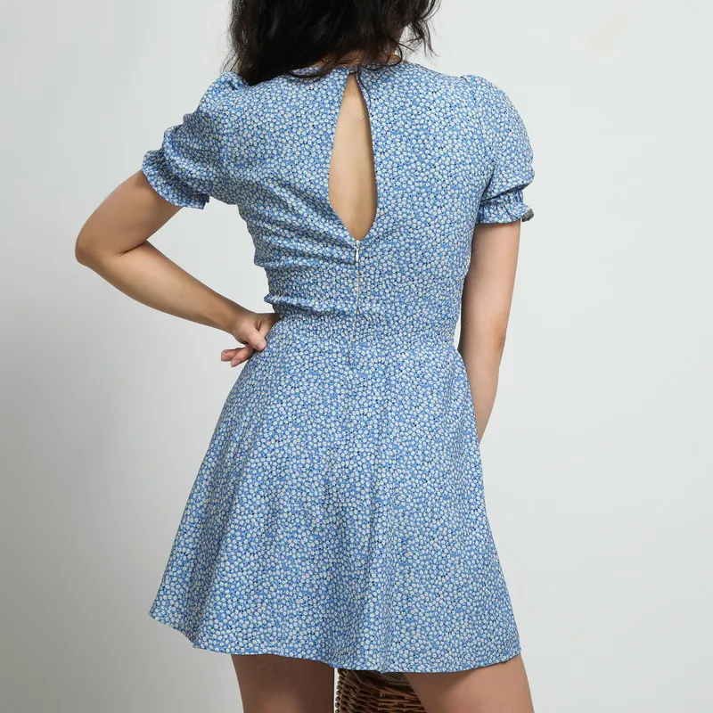 

Fresh Floral Retro U-neck Chest Bow Waist Puff Sleeve Short Sleeve Dress