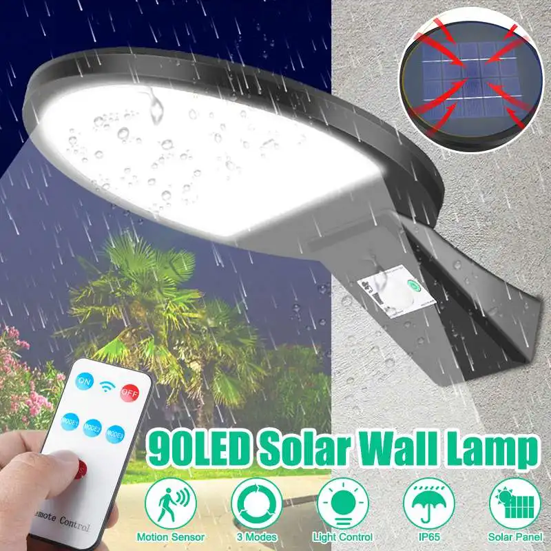 

90LED Solar Lights Outdoor Solar Security Motion Sensor Light with Remote Waterproof Wide Angle Lighting Solar Powered Wall Lamp