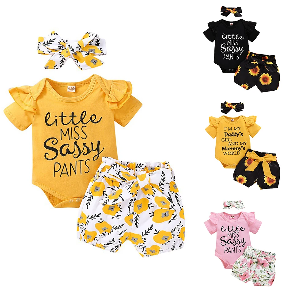 

Newborn Baby Girls Clothes Short Sleeve Jumpsuit+Shorts+Headband Bodysuit Jumpsuit Casual Clothes Cute Romper 3pcs