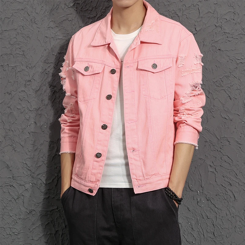 Мужская джинсовая куртка розовая черная Потертая Размеры M- 5XL - купить по