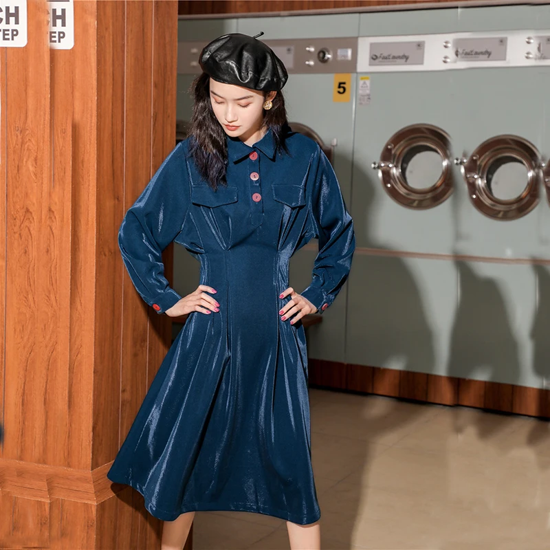 

Повседневное велюровое платье с длинным рукавом, женское длинное платье на пуговицах в стиле ретро, винтажные платья с высокой талией для о...