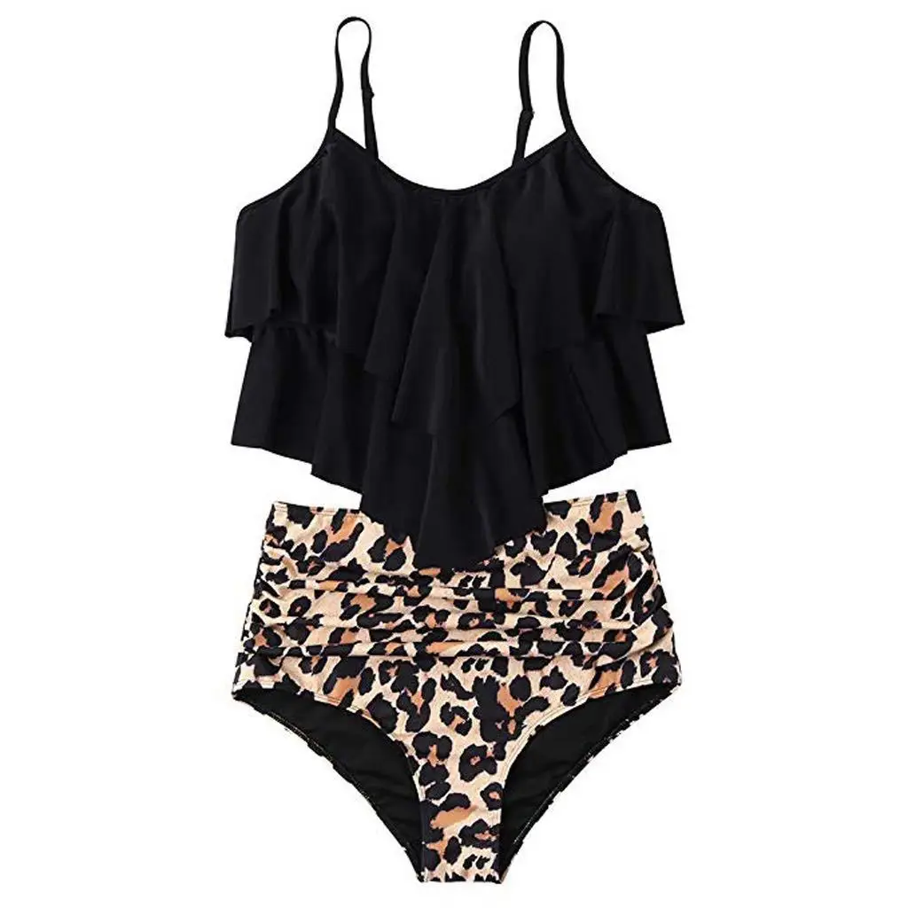 Tropical&Leopard Print Sexy Ruffle Bikini 2020 Large Size Women High Waist Swimwear Push Up Large Size Swimwear Beach Bath Suit