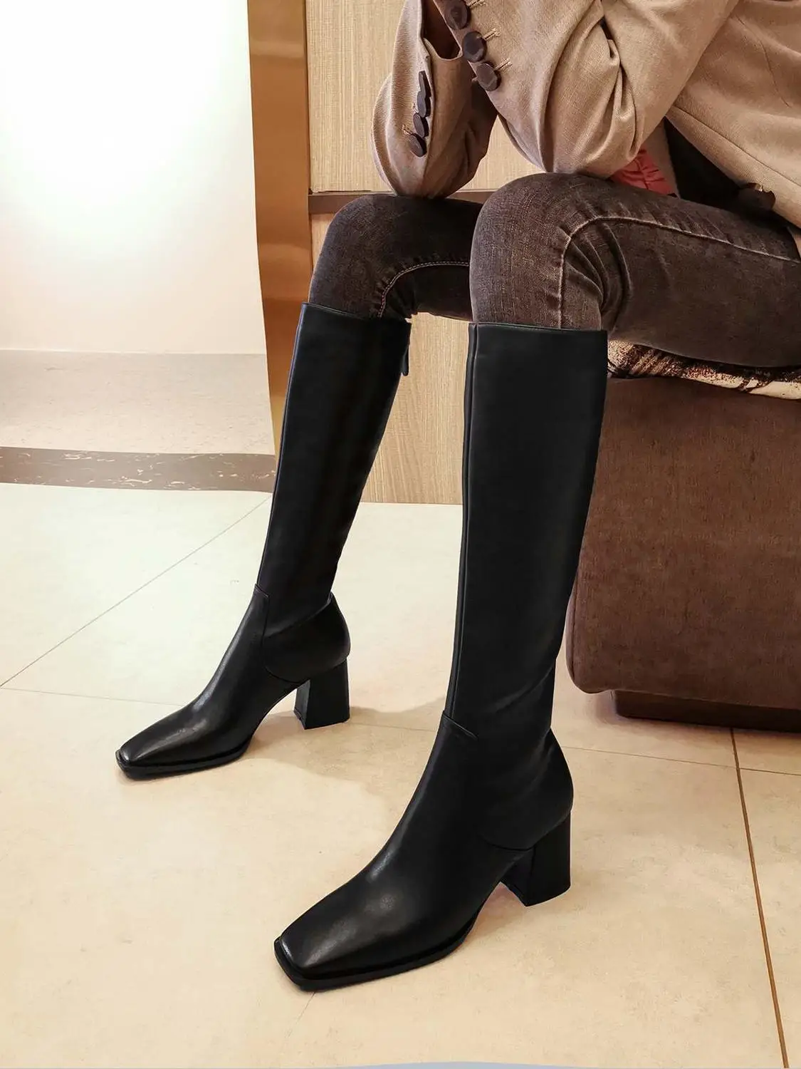 

Vichelo Hot equestrian boots genuine leather streetwear square toe thick high heel zipper korean girls dress knee-high boots L12