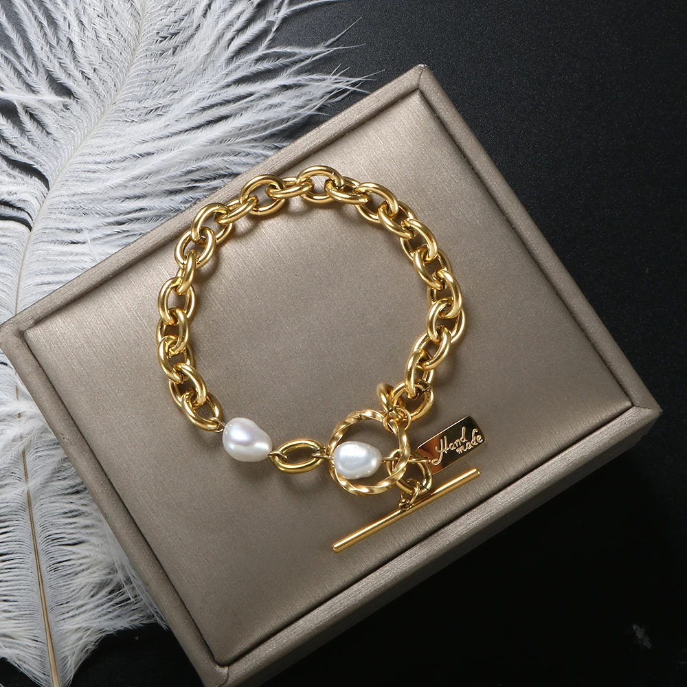 

ZMFashion Minimalist Simple Women Men Link Chain OT Buckle Bracelet Freshwater Bead Thick Stainless Steel Bangles Jewelry Gifts