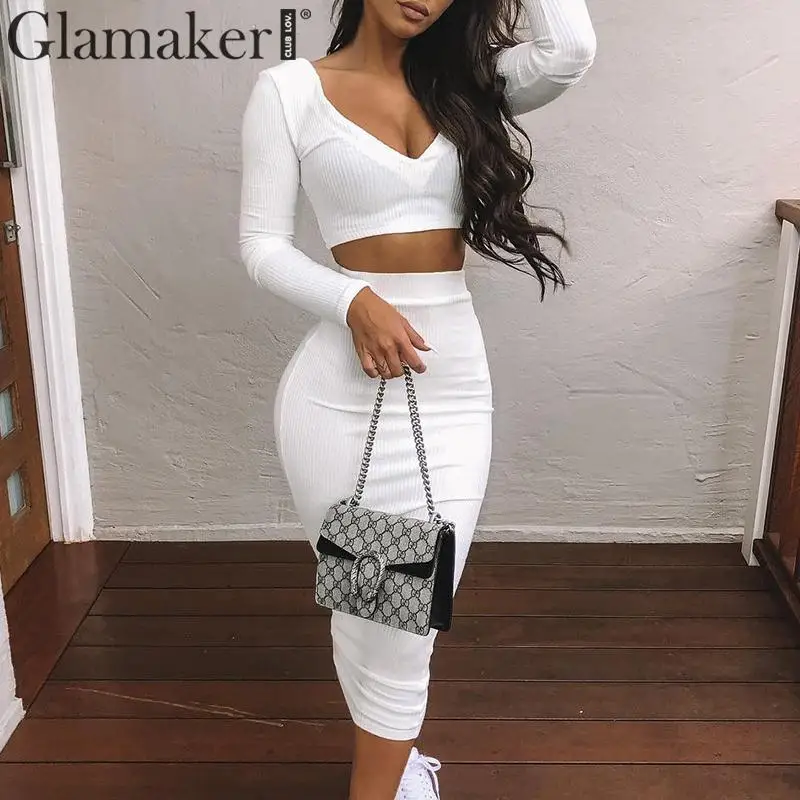 Белый Glamaker вязаный костюм из двух частей белое платье Макси женское сексуальное облегающее платье с длинным рукавом и v-образным вырезом женское осенне-зимнее вечернее платье - Цвет: Белый
