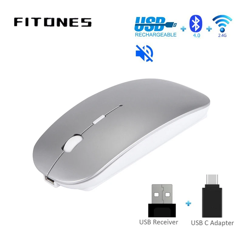 Wireless Mouse Bluetooth Mouse Mute 10m Charging Ergonomic Mouse Notebook Flat Ultra Thin USB Mouse 4.0+2.4G+type-c mouse Black