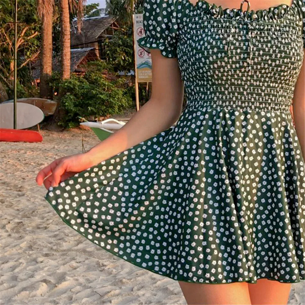 Skirt One Piece Swimsuit Women Dot Swimwear Ruffle Monokini Push Up Pad Swim Suit Korea Bathing Short Sleeve Pleated Green |