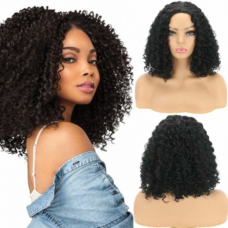

Afro Kinky Curly Synthetic Wigs Ombre Black Brown Colors Middle Part Heat Resistant Fiber Short Wig for Black Women 14 Inch