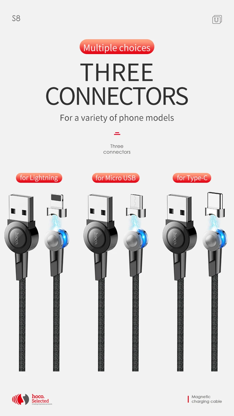 HOCO 180 градусов вращающийся магнитный кабель 3A Быстрая зарядка Micro usb type C кабель светодиодный провод для Apple iPhone samsung Xiaomi huawei