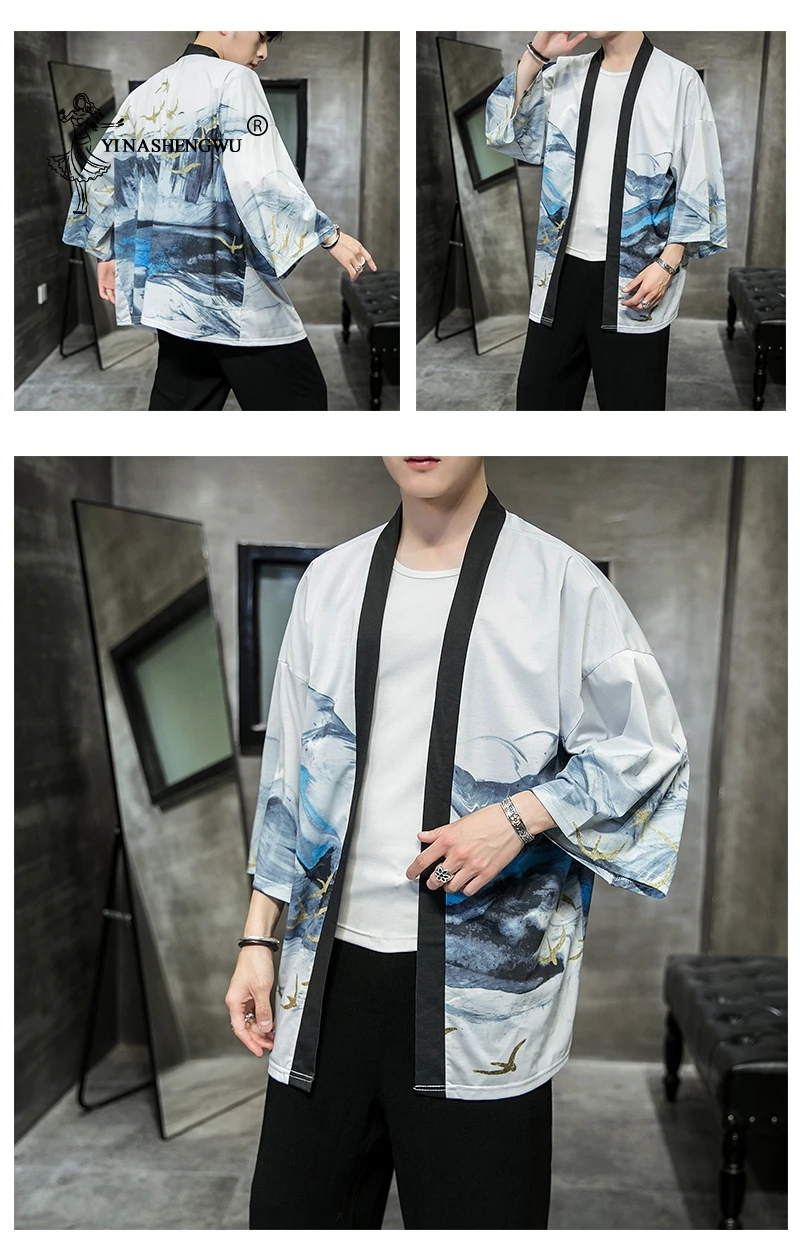 Yukata Кимоно Кардиган для мужчин японское кимоно для мужчин принт Азия кимоно костюм для косплея Топ пляжное тонкое повседневное пальто Солнцезащитная рубашка