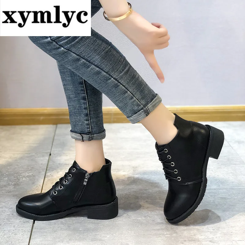 

2020 Fashion Women Ankle Boots PU Leather Autumn Winter Shoes Woman Square Low Heel Botas Zapato Chaussures Femme