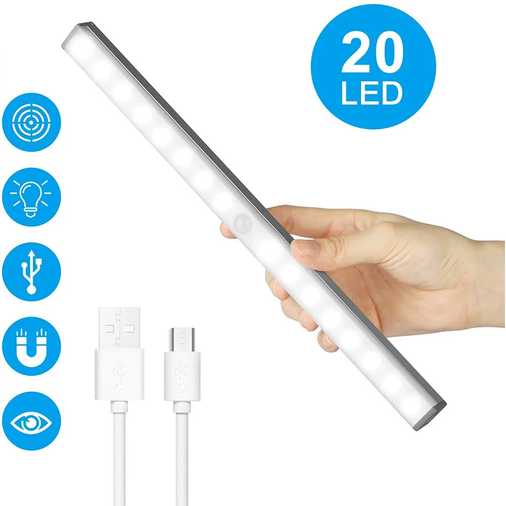 

Перезаряжаемый ночник с датчиком движения, 20 светодиодный, беспроводной ночной светсветильник льник для шкафа, кухонного шкафа