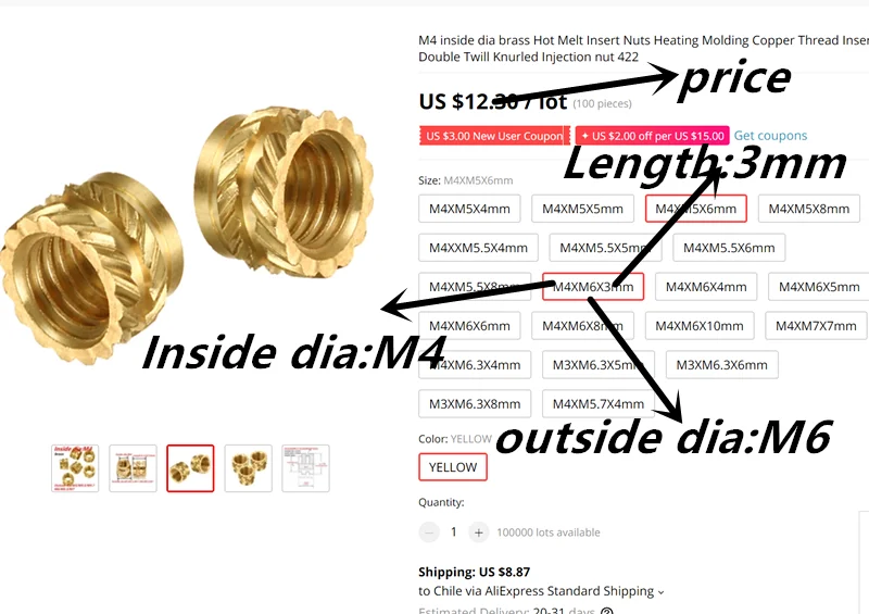 M4 inside dia brass Hot Melt Insert Nuts Heating Molding Copper Thread Nut Double Twill Knurled Injection nut 422 | Обустройство дома