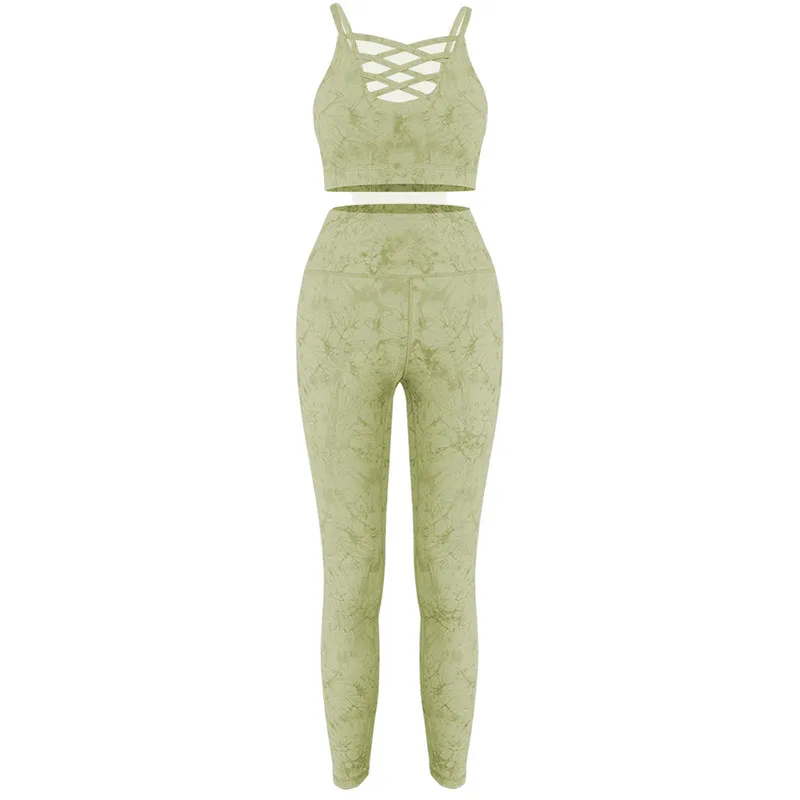 

SALSPOR Sexy Yoga Print Sets 2 Piece Women Fitness Shockproof Tie Dry Bra High Waist Legging Push Up Sports Running Workout Suit