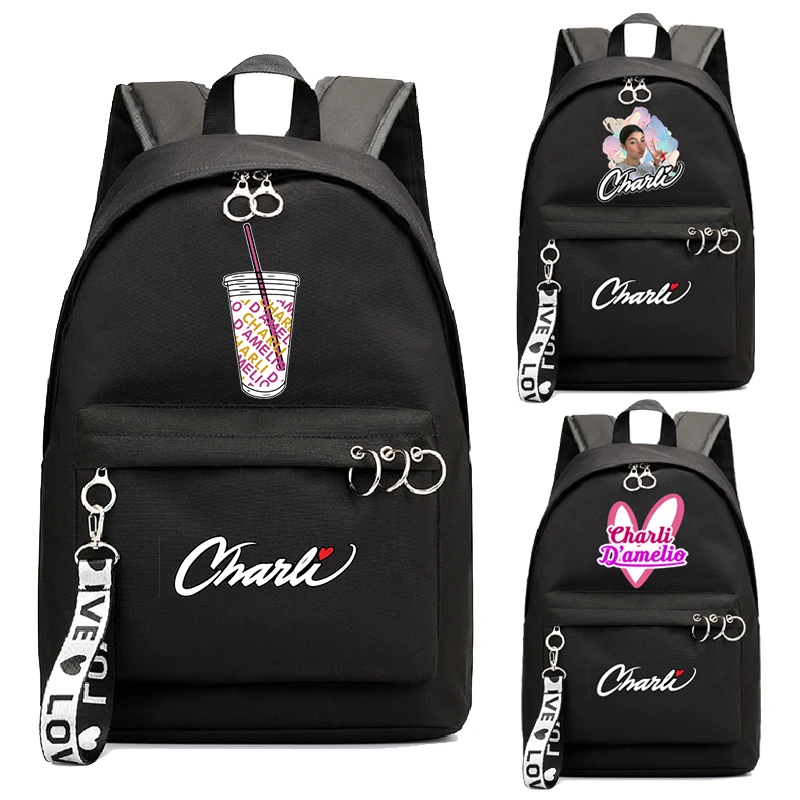 

Black Color Charli DAmelio Backpack Boys Girls School Bag Printed Charli D'Amelio Rucksack Kpop Key Chain Accessories Book Bags