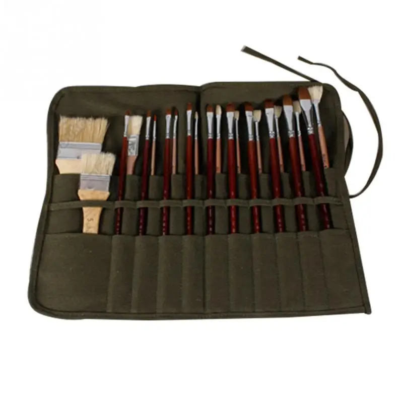 

Pencil Bag Painting Brush Bag Artist Watercolor Draw Pen Oil Paint Pen Stationery Cases Holder Roll Up Army Green Canvas Pouch