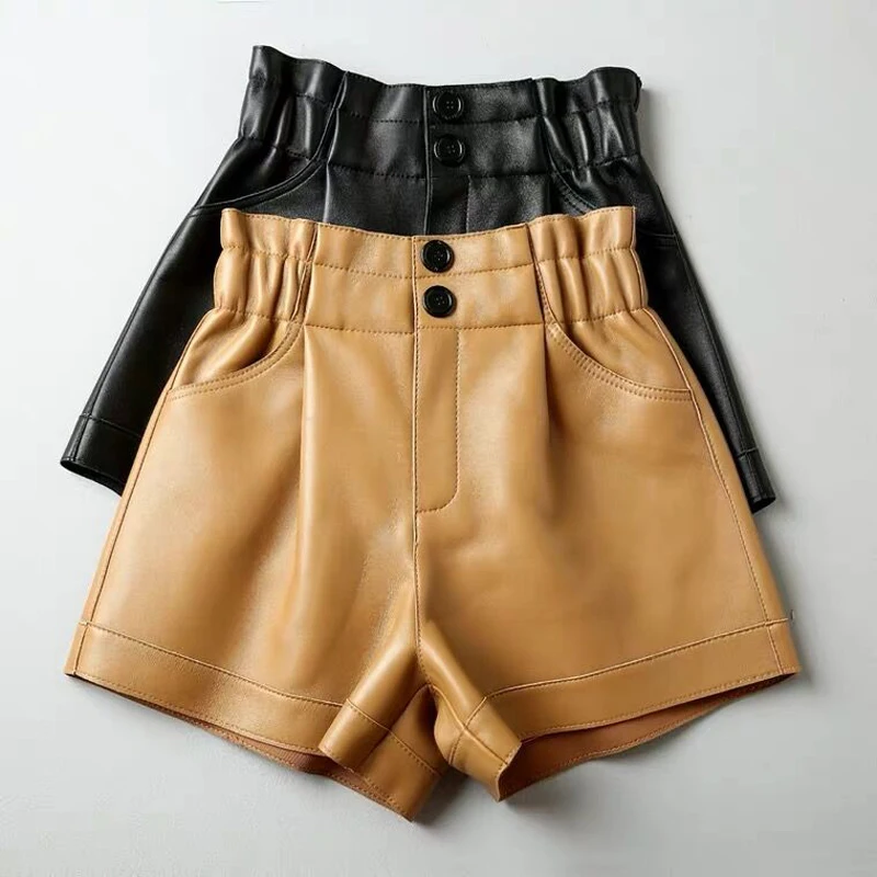 Winter Ladies New Europe/America High Waist Genuine Leather Shorts Women Tether Belt Loose Wide Short Pants Street Scanties