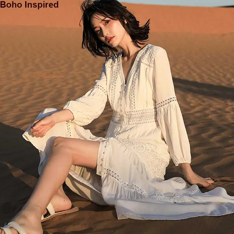 Богемный Вдохновленный белый повседневное женское платье с длинным рукавом buttosn