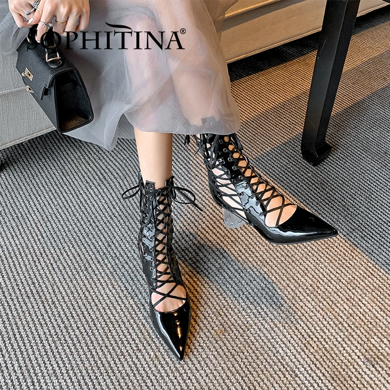 

SOPHITINA Boots Hollow Out New Fashionable Patent Leather Mid-Calf Women Shoes Strange Heel Zipper Narrow Band Summer 2021 FO329