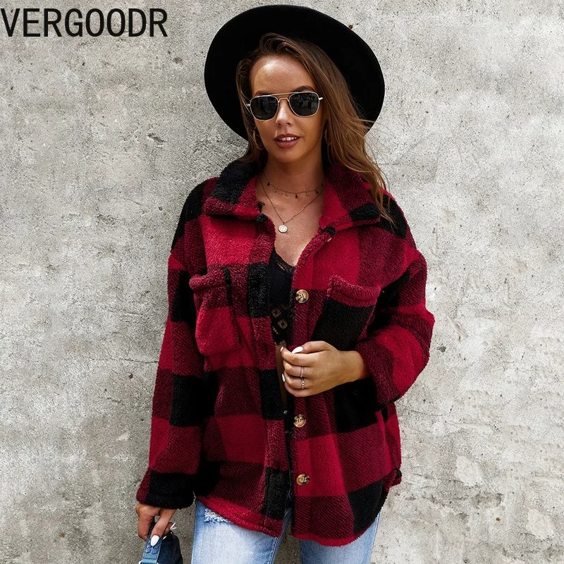 

Vergoodr Fashion Plaid Print Winter Coat 2021 Warm Jacket Lapel Single-breasted Pocket Casual Furry Thick Coat Woman Jacket