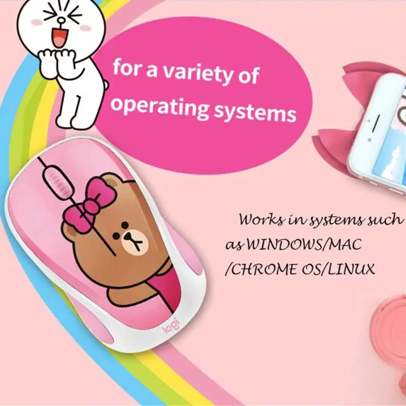 Беспроводная мышь logitech LINE FRIENDS, 2,4 ГГц, мини-цветная мультяшная usb-приемник, оптическая сенсорная игровая мышь для офиса, для ПК, ноутбука