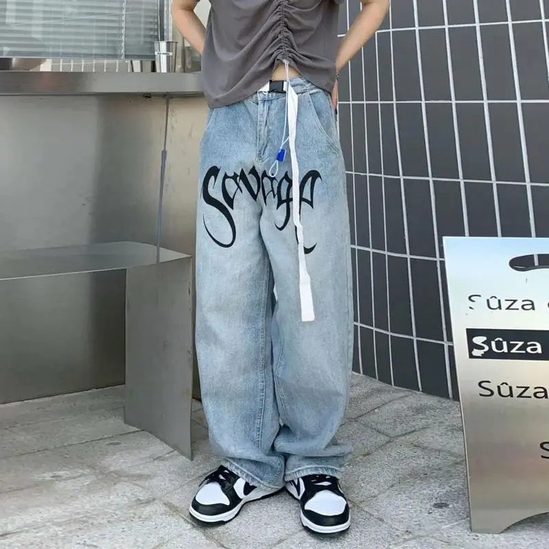 

American Streetwear Jeans Hip-hop Letters Printed Loose Belt Trousers Men Retro Hong-kong Style Wide-leg Mopping Baggy Y2k Pants